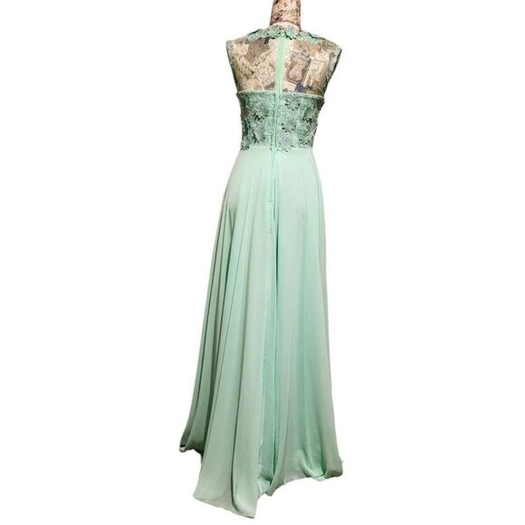 Formal Lt Green Rhinestones Floral Lace Sweetheart Bodice Long Gown Maxi Dress - Picture 12 of 15